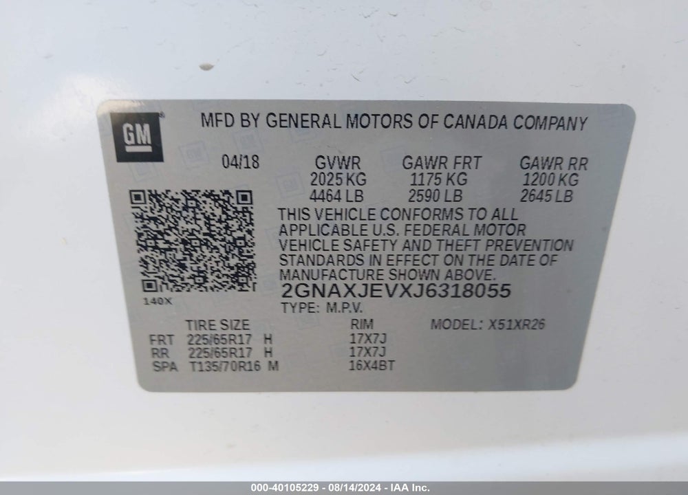 2018 CHEVROLET EQUINOX VIN: 2GNAXJEVXJ6318055