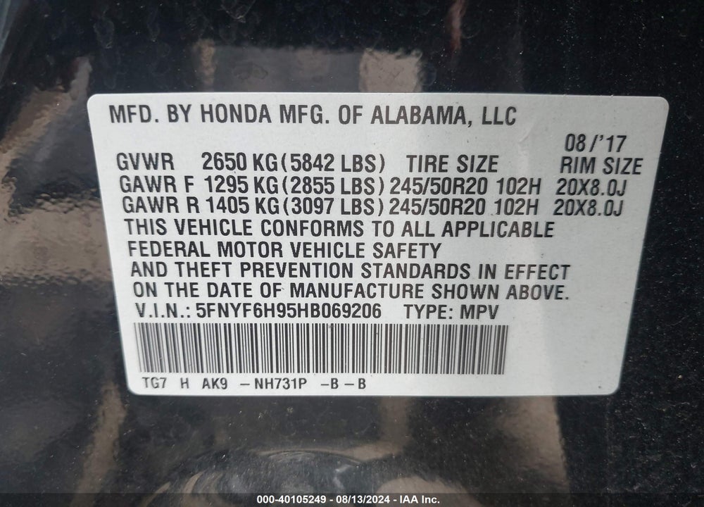 2017 HONDA PILOT TOURING VIN: 5FNYF6H95HB069206