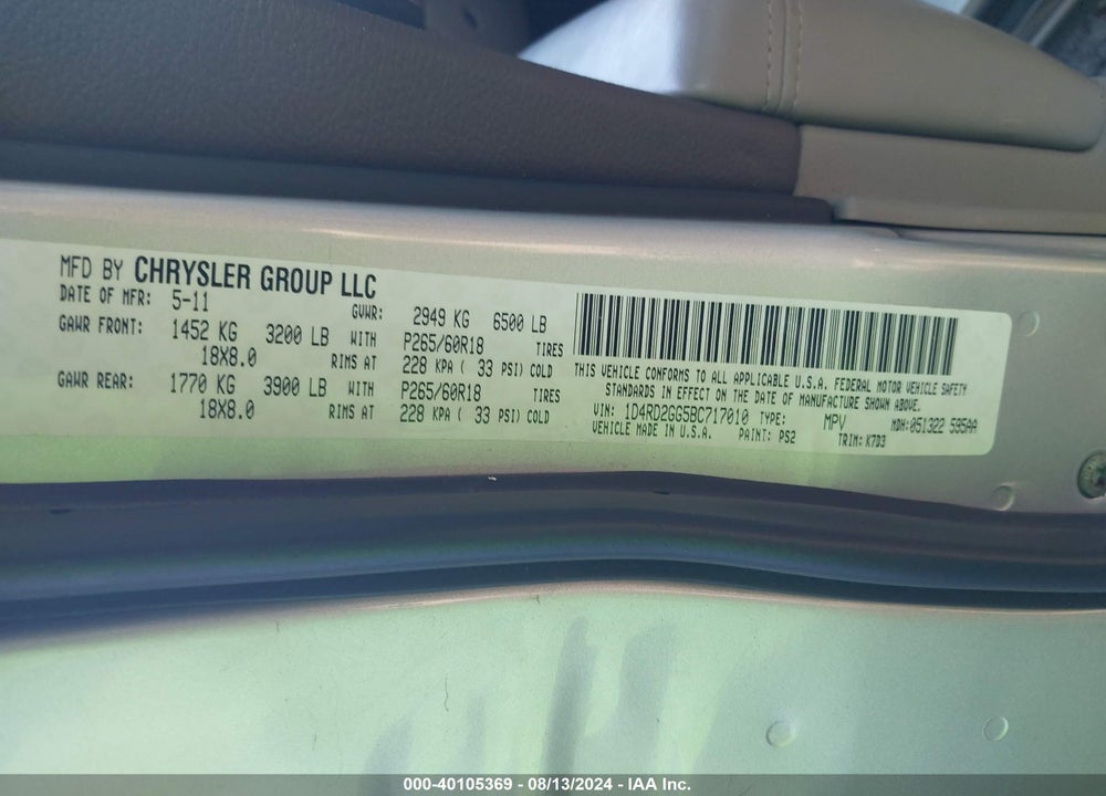 2011 DODGE DURANGO VIN: 1D4RD2GG5BC717010