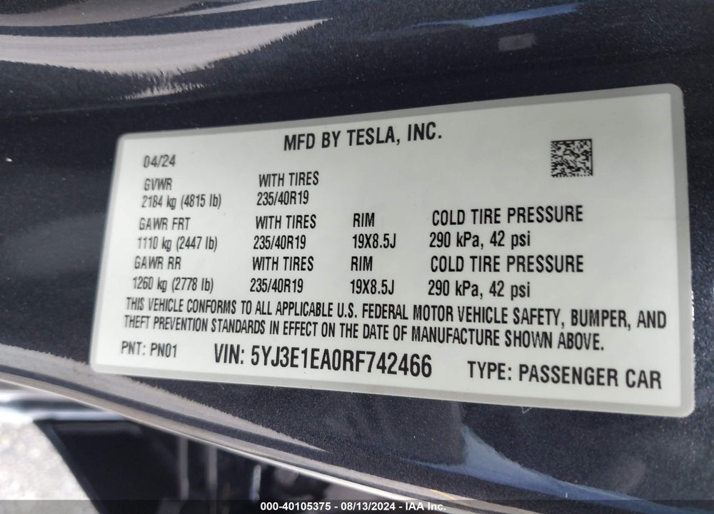 2024 TESLA MODEL 3 REAR-WHEEL DRIVE VIN: 5YJ3E1EA0RF742466