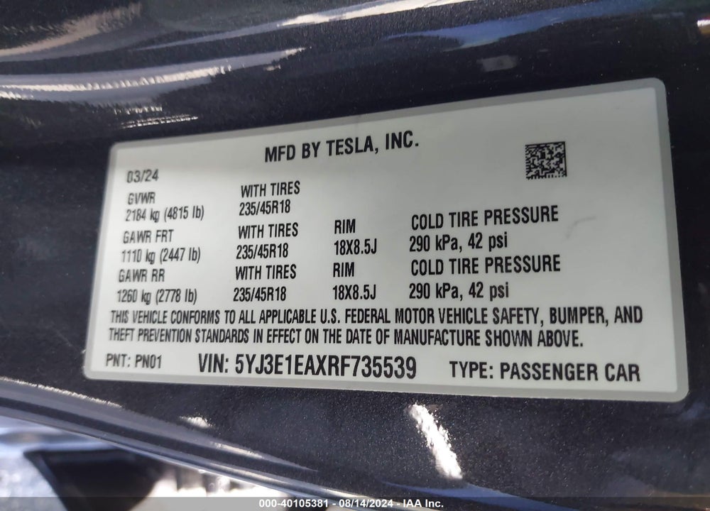 2024 TESLA MODEL 3 REAR-WHEEL DRIVE VIN: 5YJ3E1EAXRF735539