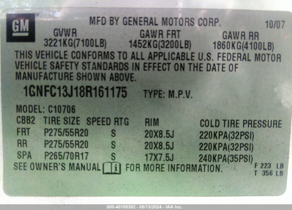 2008 CHEVROLET TAHOE LT VIN: 1GNFC13J18R161175