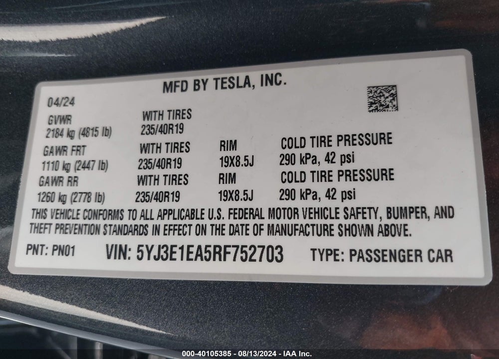 2024 TESLA MODEL 3 REAR-WHEEL DRIVE VIN: 5YJ3E1EA5RF752703