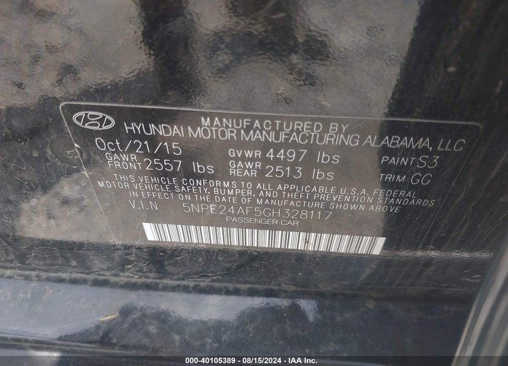 2016 HYUNDAI SONATA SE VIN: 5NPE24AF5GH328117
