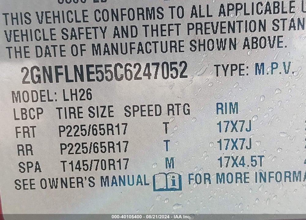 2012 CHEVROLET EQUINOX 2LT VIN: 2GNFLNE55C6247052