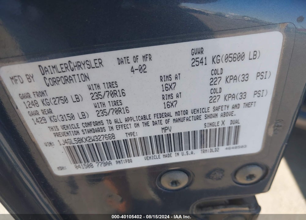 2002 JEEP LIBERTY LIMITED EDITION VIN: 1J4GL58KX2W327668