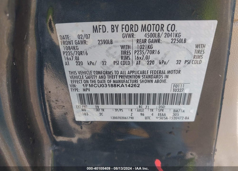 2008 FORD ESCAPE XLT VIN: 1FMCU03188KA14262