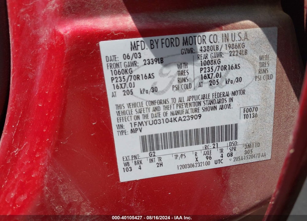 2004 FORD ESCAPE XLT VIN: 1FMYU03104KA23909
