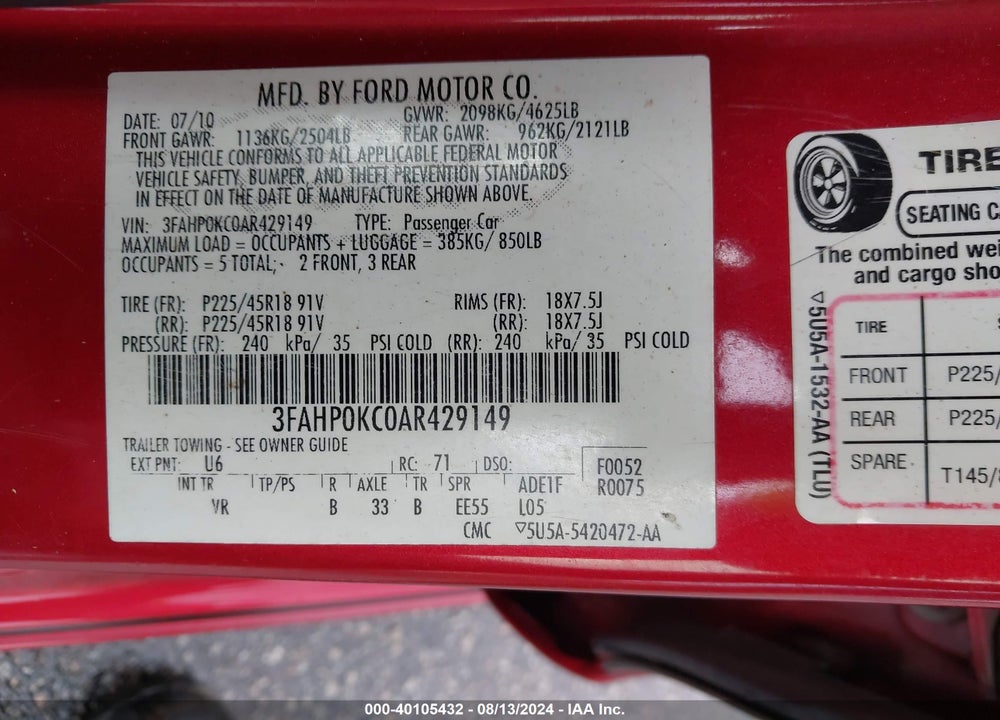 2010 FORD FUSION VIN: 3FAHP0KC0AR429149