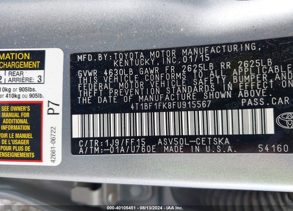 2015 TOYOTA CAMRY SE VIN: 4T1BF1FK8FU915567