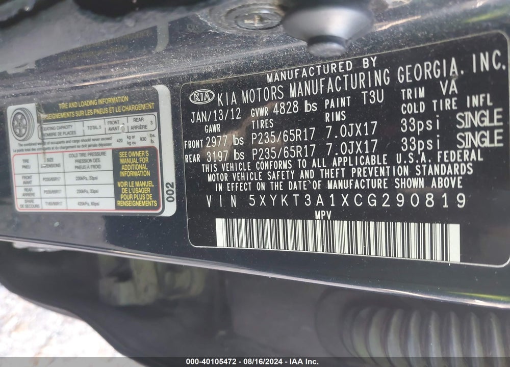 2012 KIA SORENTO LX VIN: 5XYKT3A1XCG290819