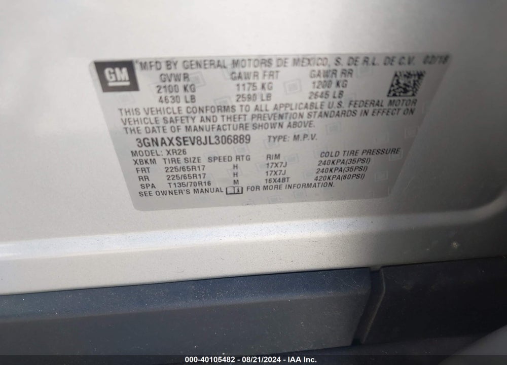 2018 CHEVROLET EQUINOX LT VIN: 3GNAXSEV8JL306889