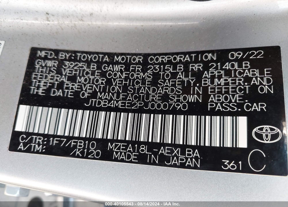 2023 TOYOTA COROLLA LE VIN: JTDB4MEE2PJ000790
