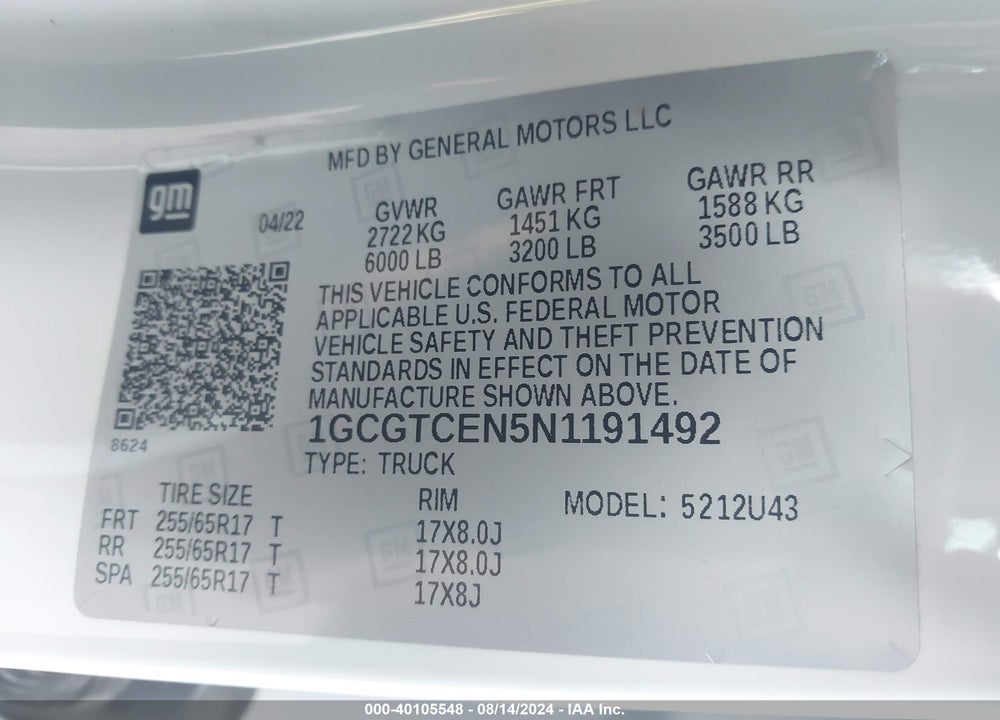 2022 CHEVROLET COLORADO 4WD LONG BOX LT VIN: 1GCGTCEN5N1191492