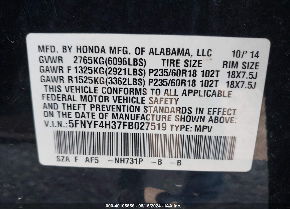 2015 HONDA PILOT SE VIN: 5FNYF4H37FB027519