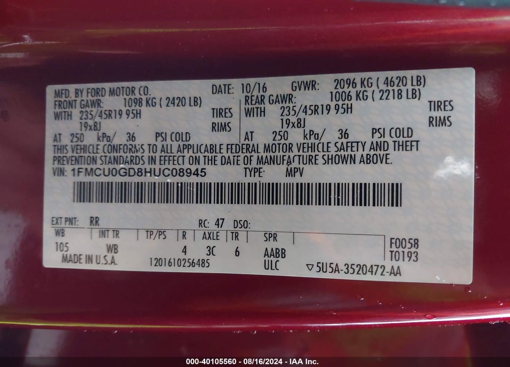 2017 FORD ESCAPE SE VIN: 1FMCU0GD8HUC08945