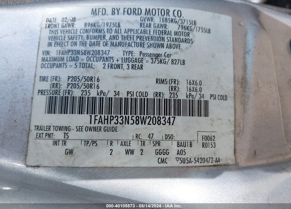 2008 FORD FOCUS SE/SES VIN: 1FAHP33N58W208347