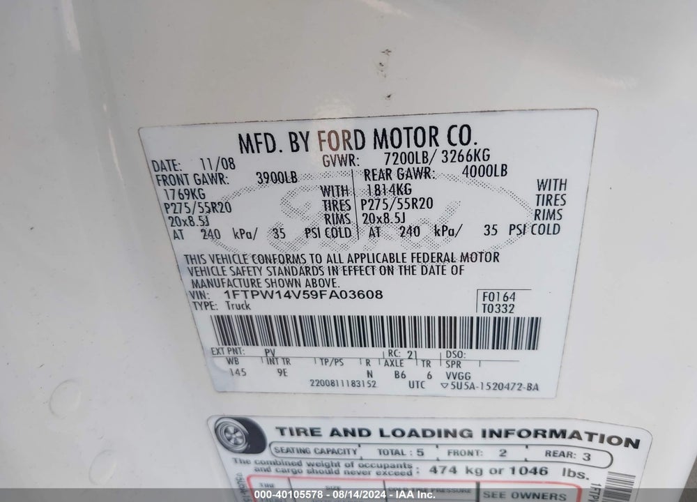 2009 FORD F-150 FX4/KING RANCH/LARIAT/PLATINUM/XL/XLT VIN: 1FTPW14V59FA03608