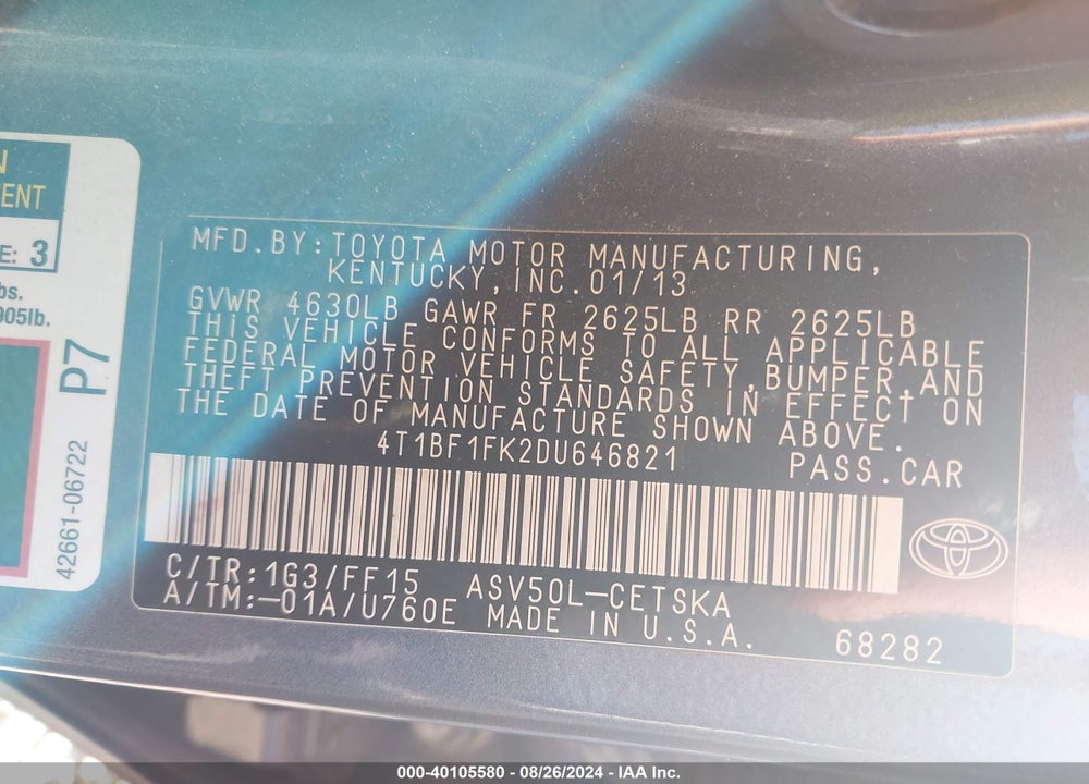 2013 TOYOTA CAMRY SE VIN: 4T1BF1FK2DU646821