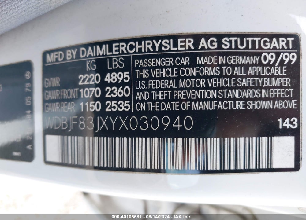 2000 MERCEDES-BENZ E 430 4M VIN: WDBJF83JXYX030940