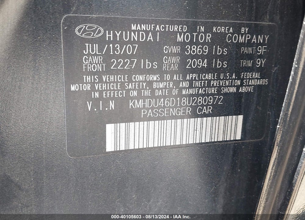 2008 HYUNDAI ELANTRA GLS/SE VIN: KMHDU46D18U280972