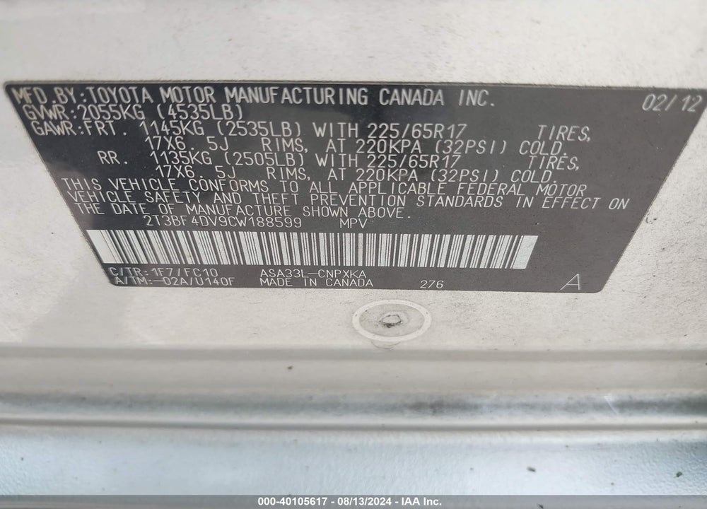 2012 TOYOTA RAV4 VIN: 2T3BF4DV9CW188599