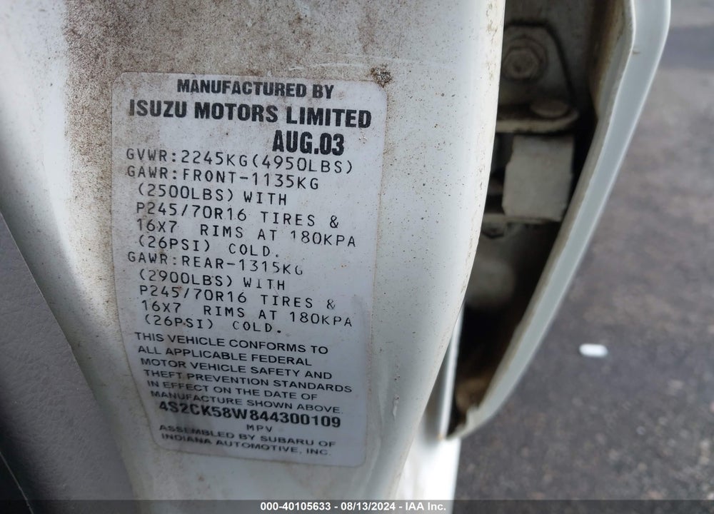 2004 ISUZU RODEO S 3.2L V6 VIN: 4S2CK58W844300109