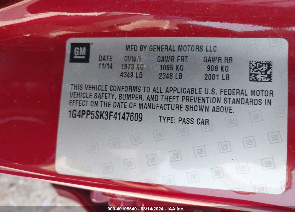 2015 BUICK VERANO VIN: 1G4PP5SK3F4147609