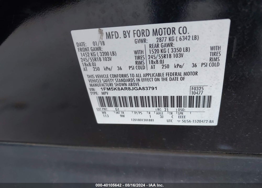 2018 FORD POLICE INTERCEPTOR UTILITY VIN: 1FM5K8AR8JGA83791