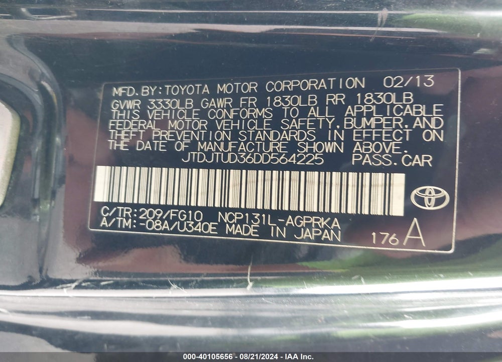 2013 TOYOTA YARIS LE VIN: JTDJTUD36DD564225