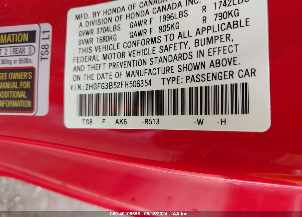 2015 HONDA CIVIC LX VIN: 2HGFG3B52FH506354
