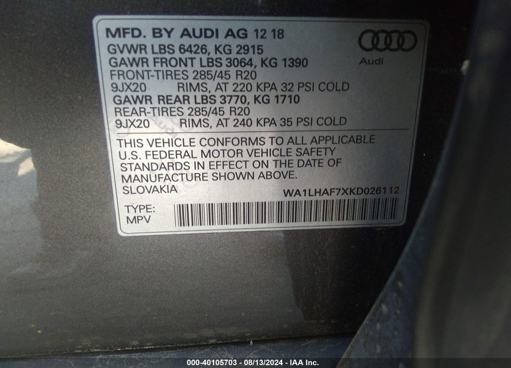 2019 AUDI Q7 45 PREMIUM VIN: WA1LHAF7XKD026112