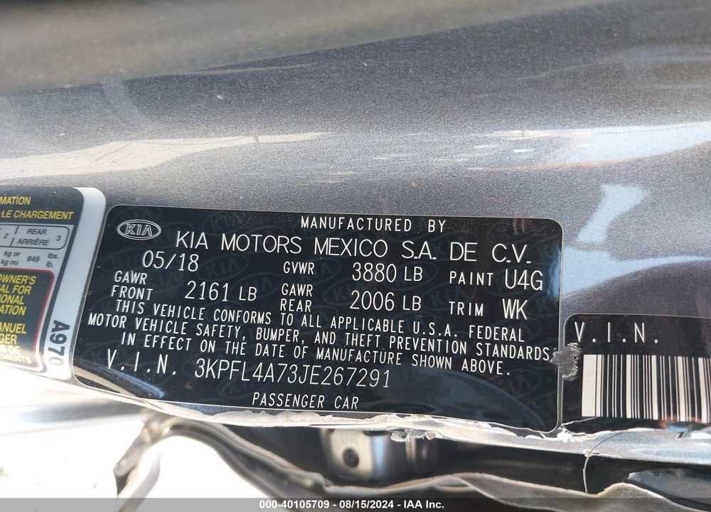 2018 KIA FORTE S VIN: 3KPFL4A73JE267291