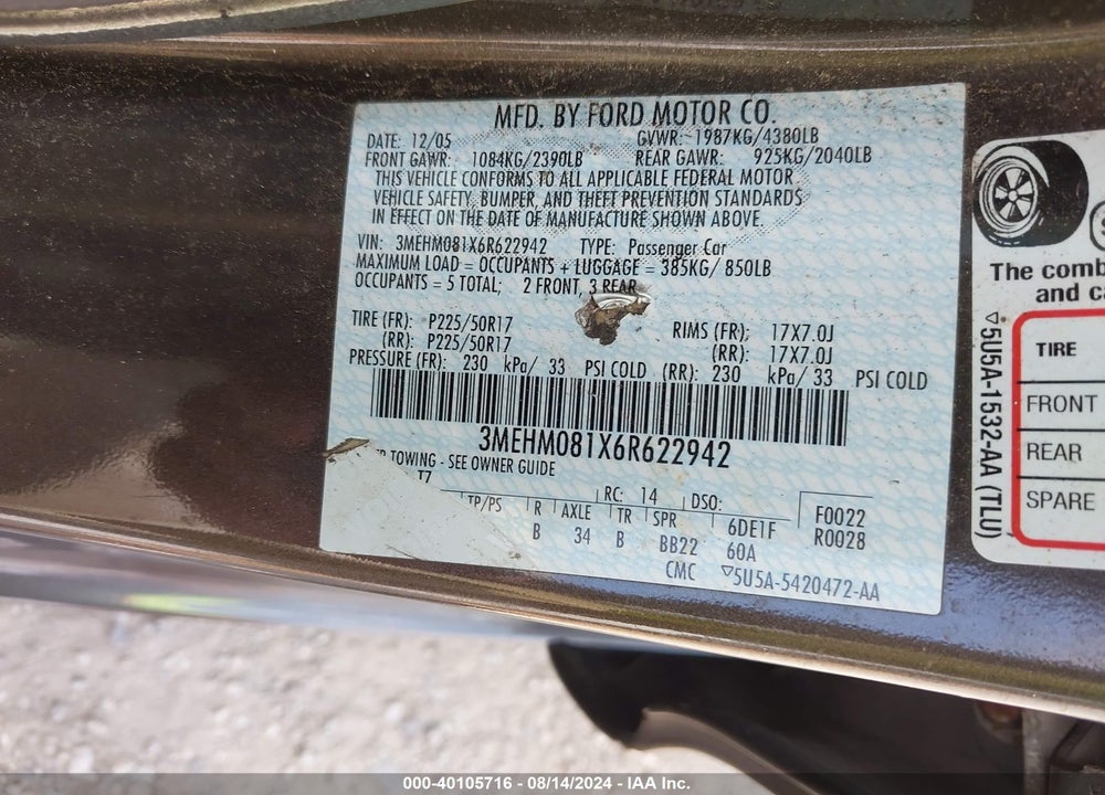2006 MERCURY MILAN VIN: 3MEHM081X6R622942