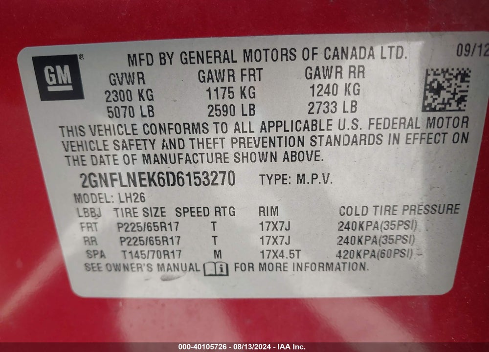 2013 CHEVROLET EQUINOX 2LT VIN: 2GNFLNEK6D6153270