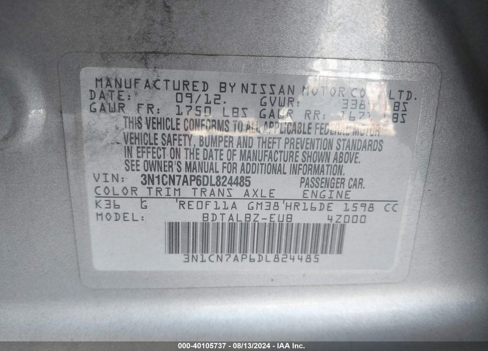 2013 NISSAN VERSA 1.6 SV VIN: 3N1CN7AP6DL824485