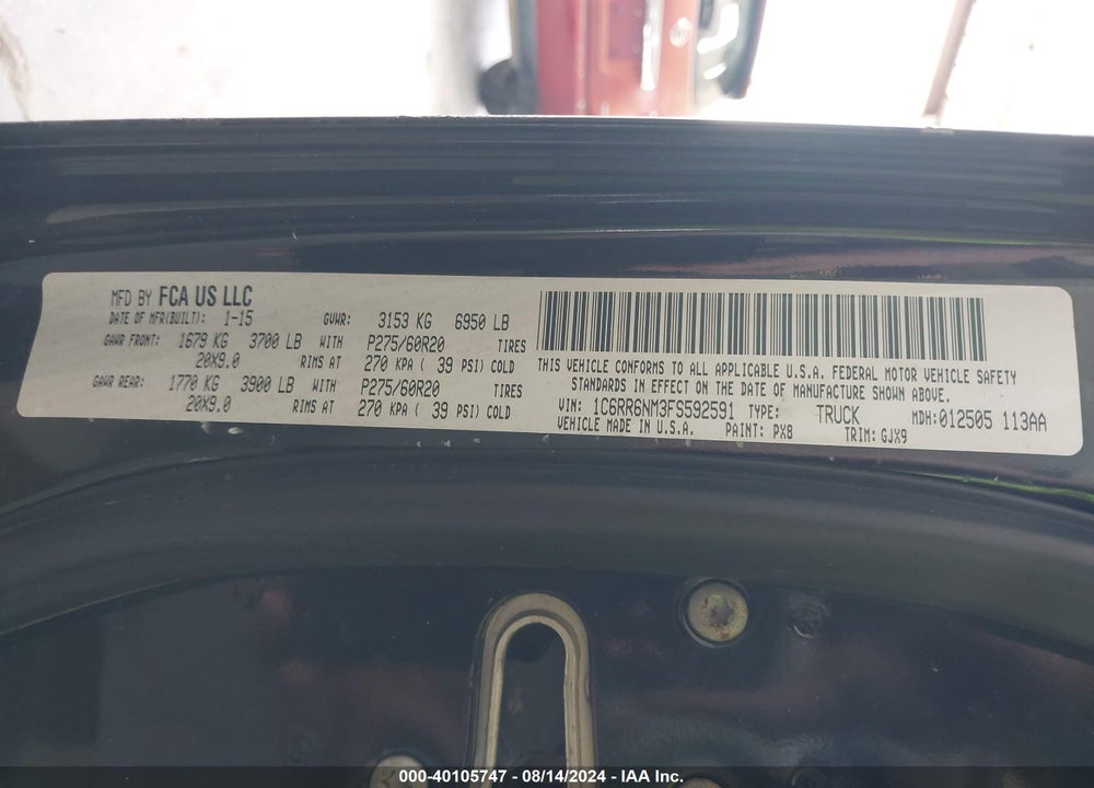 2015 RAM 1500 LAIE VIN: 1C6RR6NM3FS592591
