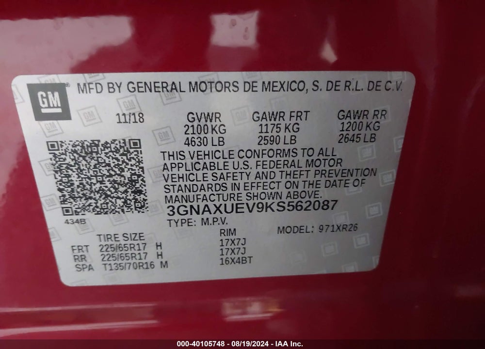 2019 CHEVROLET EQUINOX LT VIN: 3GNAXUEV9KS562087