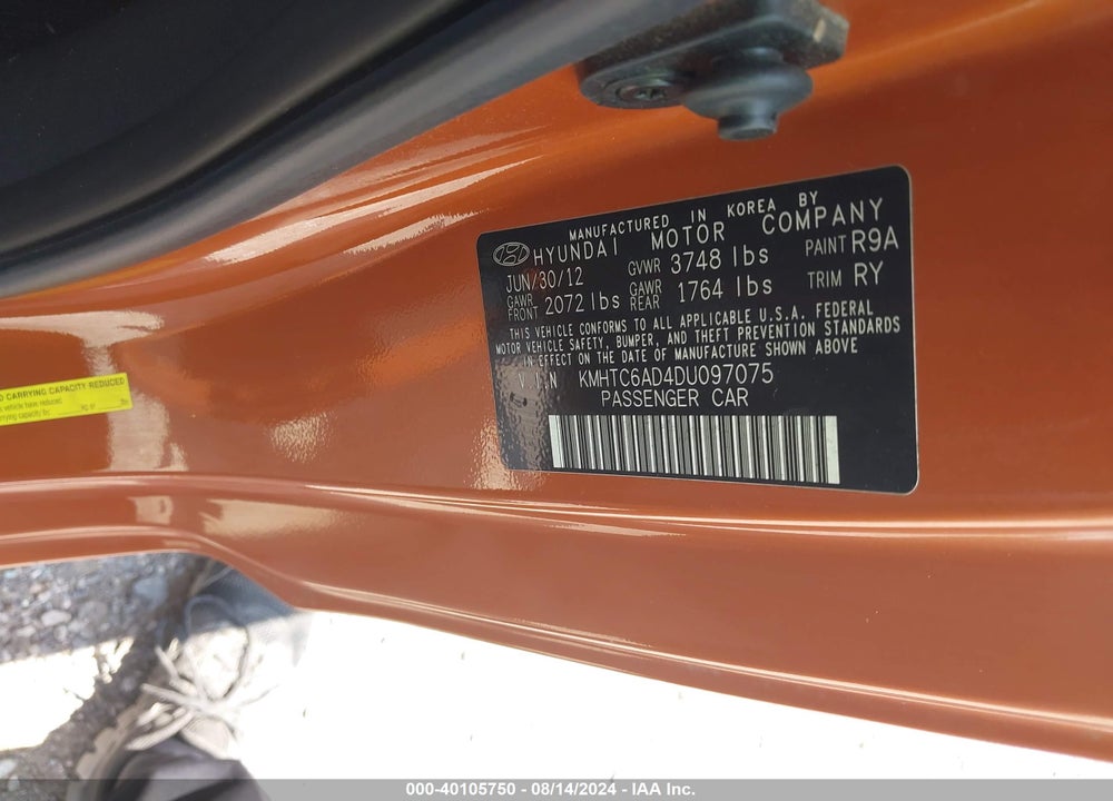 2013 HYUNDAI VELOSTER BASE W/BLACK VIN: KMHTC6AD4DU097075