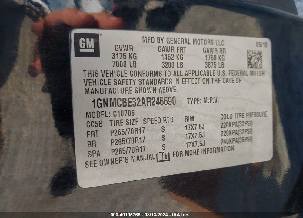 2010 CHEVROLET TAHOE LT VIN: 1GNMCBE32AR246690