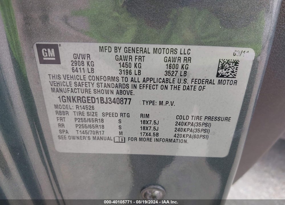 2011 CHEVROLET TRAVERSE 1LT VIN: 1GNKRGED1BJ340877