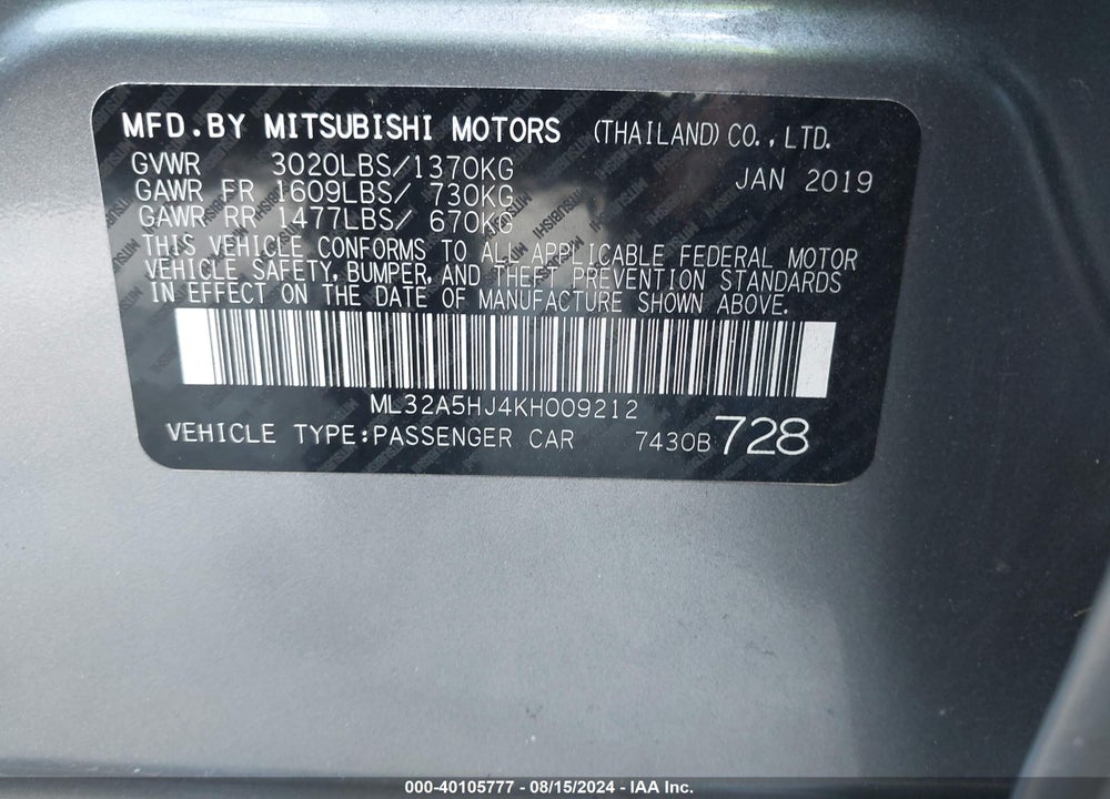 2019 MITSUBISHI MIRAGE LE VIN: ML32A5HJ4KH009212