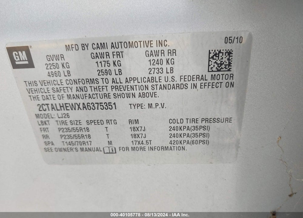2010 GMC TERRAIN SLT-2 VIN: 2CTALHEWXA6375351