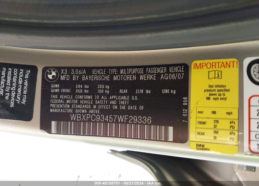 2007 BMW X3 3.0SI VIN: WBXPC93457WF29336