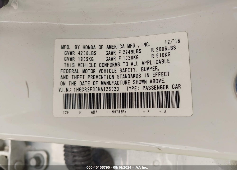 2017 HONDA ACCORD LX VIN: 1HGCR2F30HA125023