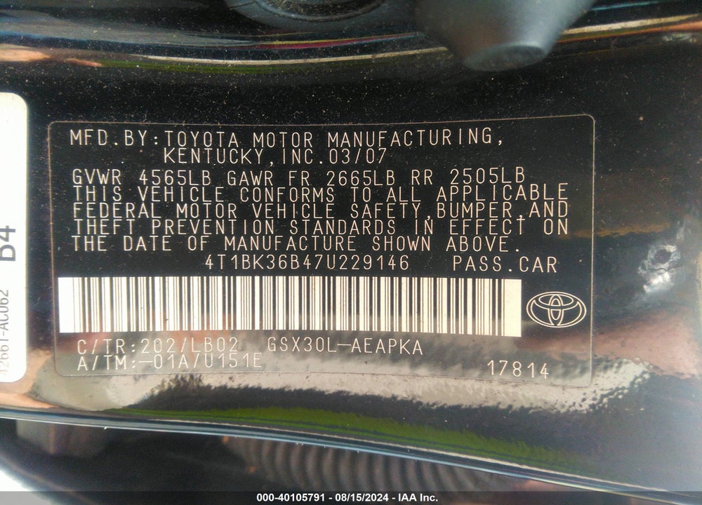 2007 TOYOTA AVALON LIMITED VIN: 4T1BK36B47U229146
