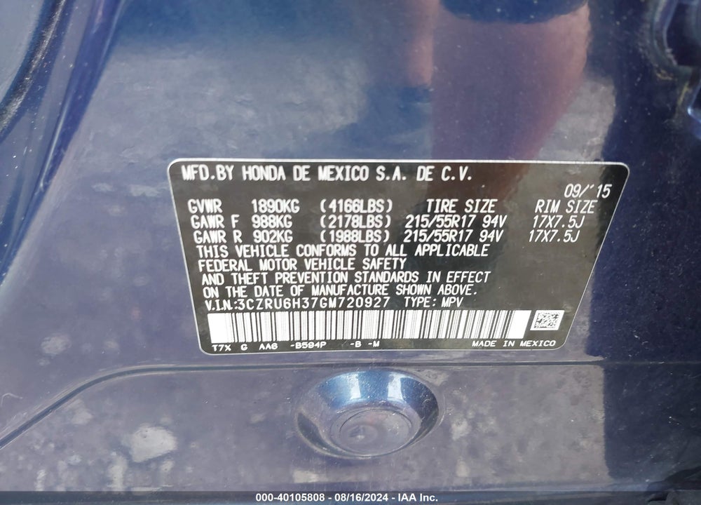 2016 HONDA HR-V LX VIN: 3CZRU6H37GM720927