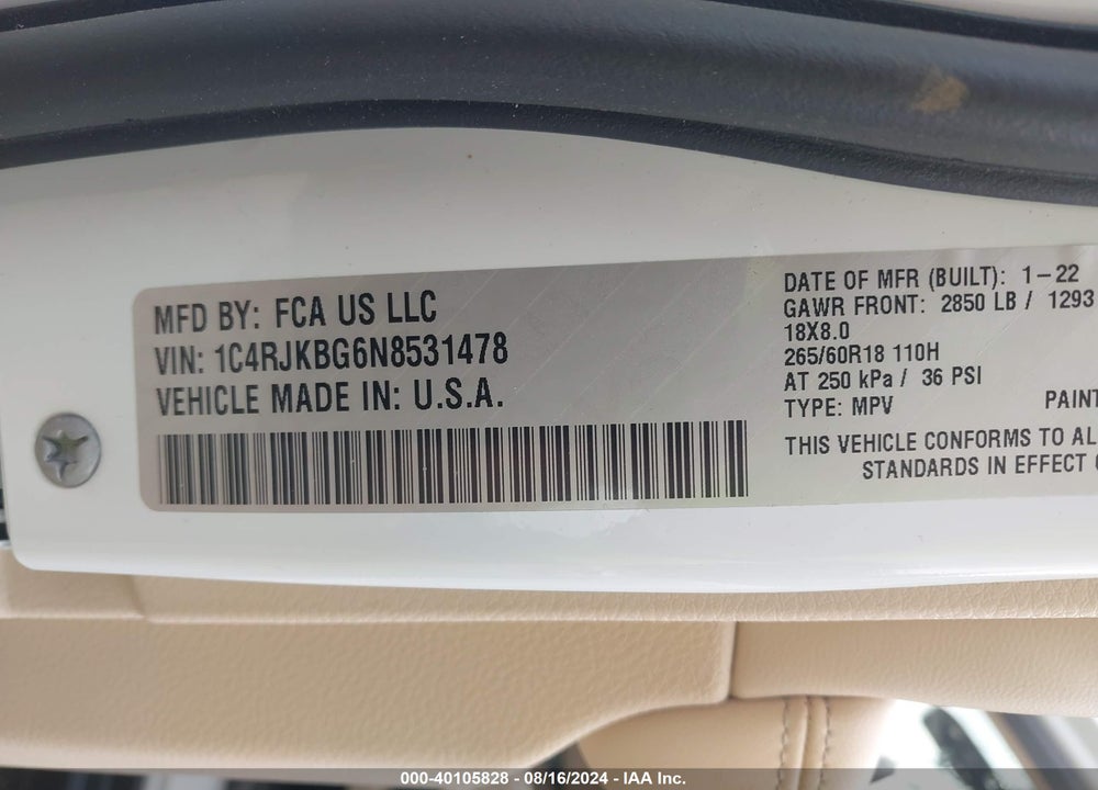 2022 JEEP GRAND CHEROKEE L LIMITED 4X4 VIN: 1C4RJKBG6N8531478