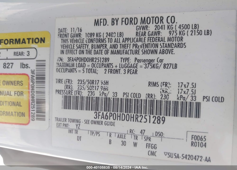 2017 FORD FUSION SE VIN: 3FA6P0HD0HR251289