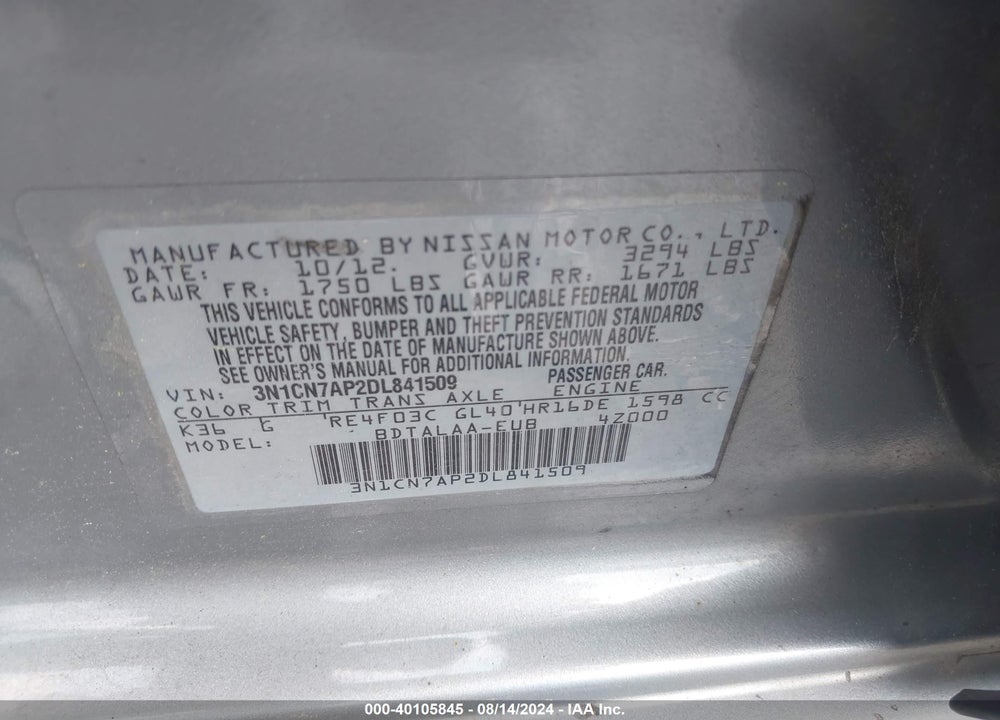 2013 NISSAN VERSA 1.6 S+ VIN: 3N1CN7AP2DL841509